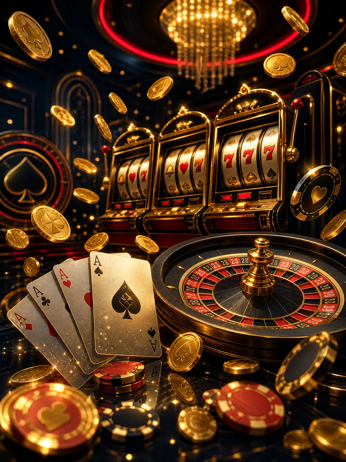 Suasana lobi permainan Megajudi303 dengan mesin slot emas, roda roulette, dan koin emas